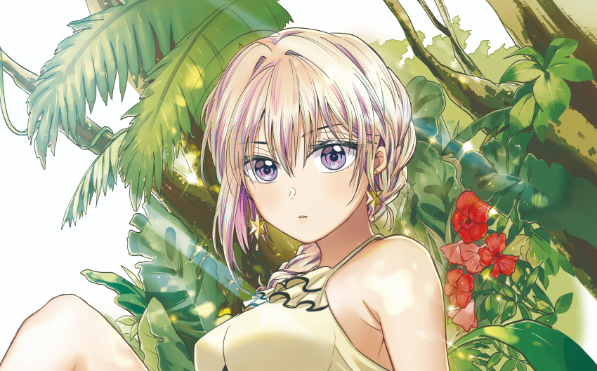 absurdres bikini blonde_hair braid breasts bukiyou_na_senpai commentary_request earrings female flower highres jewelry kannawa_azusa kudou_makoto looking_at_viewer medium_breasts official_art open_mouth purple_eyes solo swimsuit