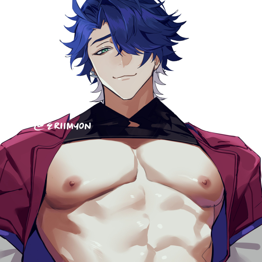 1boy :3 bare_pectorals bishounen blue_hair closed_mouth dark_blue_hair eriimyon green_eyes hair_over_one_eye highres honkai:_star_rail honkai_(series) large_pectorals looking_at_viewer male_focus nipples pectorals sampo_koski short_hair simple_background smile solo upper_body