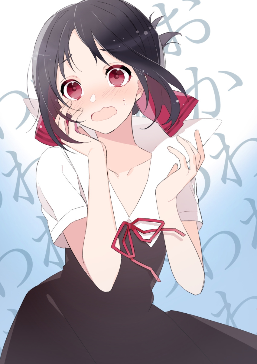 black_dress black_hair blush bow commentary dress embarrassed female folded_ponytail hairbow hands_on_own_cheeks hands_on_own_face hands_up highres kaguya-sama_wa_kokurasetai_~tensai-tachi_no_renai_zunousen~ looking_at_viewer open_mouth panicking red_bow red_eyes red_ribbon ribbon school_uniform shinomiya_kaguya shuuchiin_academy_school_uniform solo symbol-only_commentary uehara_(dormmmmir_) wavy_mouth