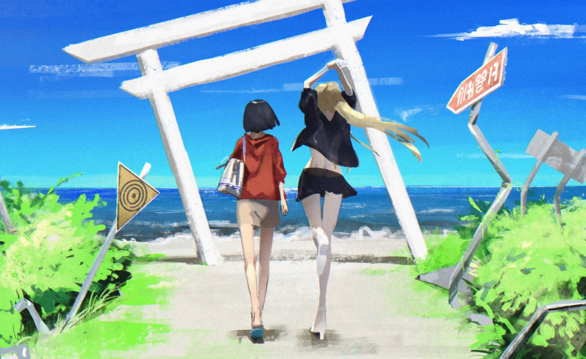 2girls bad_id bad_twitter_id black_hair blonde_hair europe_europa full_body highres hood hoodie kamikoshi_sorawo multiple_girls nishina_toriko ocean outdoors red_hoodie road_sign sign sky torii transparent_hand urasekai_picnic