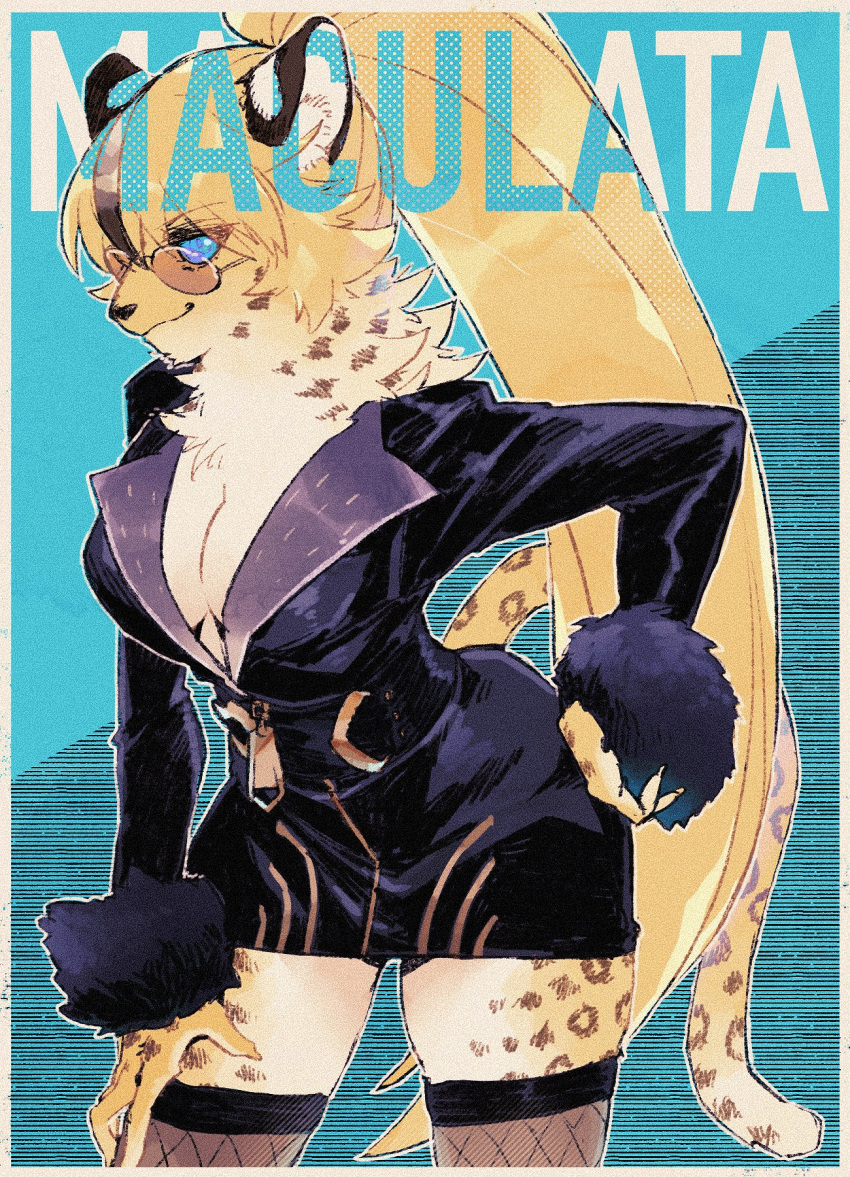 anthro black_clothing blue_eyes breasts cheetah clothing english_text eyewear felid feline female fur hair hi_res jinnai kemono lifewonders live_a_hero maculata mammal ponytail solo sunglasses text yellow_body yellow_fur