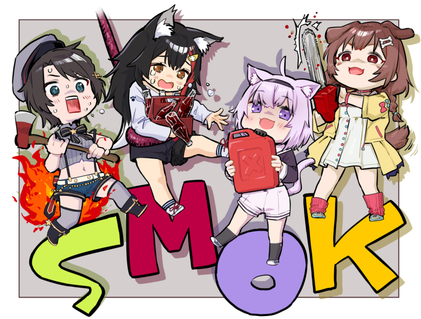 4girls :d ahoge animal_ear_fluff animal_ears axe beret black_hair blue_eyes bone_hair_ornament brown_eyes brown_hair cat_ears cat_tail chainsaw chibi commentary dog_ears dog_tail dress fire fire_axe full_body gas_can grey_legwear hair_ornament hairband hat hololive inugami_korone inugami_korone_(1st_costume) left_4_dead left_4_dead_2 leg_warmers long_hair long_sleeves midriff multicolored_hair multiple_girls navel nekomata_okayu nekomata_okayu_(casual) official_alternate_costume ookami_mio ookami_mio_(casual) oozora_subaru oozora_subaru_(work) open_mouth purple_eyes purple_hair red_hair shirt short_hair shorts sleeveless sleeveless_shirt smile smok_(hololive) smoker_(left_4_dead) soda_bottle square_mouth standing streaked_hair suspenders tail takuji_yuusaku tentacle thighhighs virtual_youtuber white_dress wolf_ears