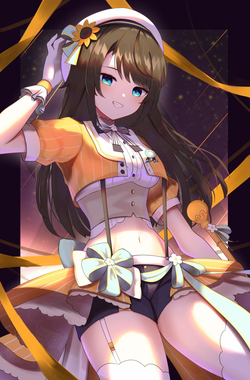 alternate_hair_length alternate_hairstyle ao_ne aqua_eyes bad_id bad_pixiv_id beret brown_hair corset crop_top cropped_jacket female gloves grin hat highres hololive idol long_hair looking_at_viewer midriff navel official_alternate_costume oozora_subaru oozora_subaru_(starlight) smile solo suspenders thighhighs twirl_baton underbust virtual_youtuber waist_cape white_thighhighs zettai_ryouiki