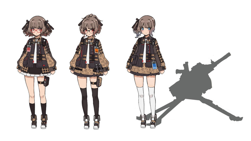 3girls ags-30 ags-30_(girls'_frontline) black-framed_eyewear black_legwear blue_eyes brown_eyes brown_hair camouflage commentary_request different_shadow full_body girls'_frontline glasses hair_ornament hair_ribbon height_difference highres id_card jpeg_artifacts looking_at_viewer medium_hair military military_uniform multiple_girls necktie over-rim_eyewear ponytail red-framed_eyewear red_eyes ribbon semi-rimless_eyewear shoes short_hair side_ponytail simple_background skirt terras thighhighs twintails uniform white_background white_legwear white_necktie