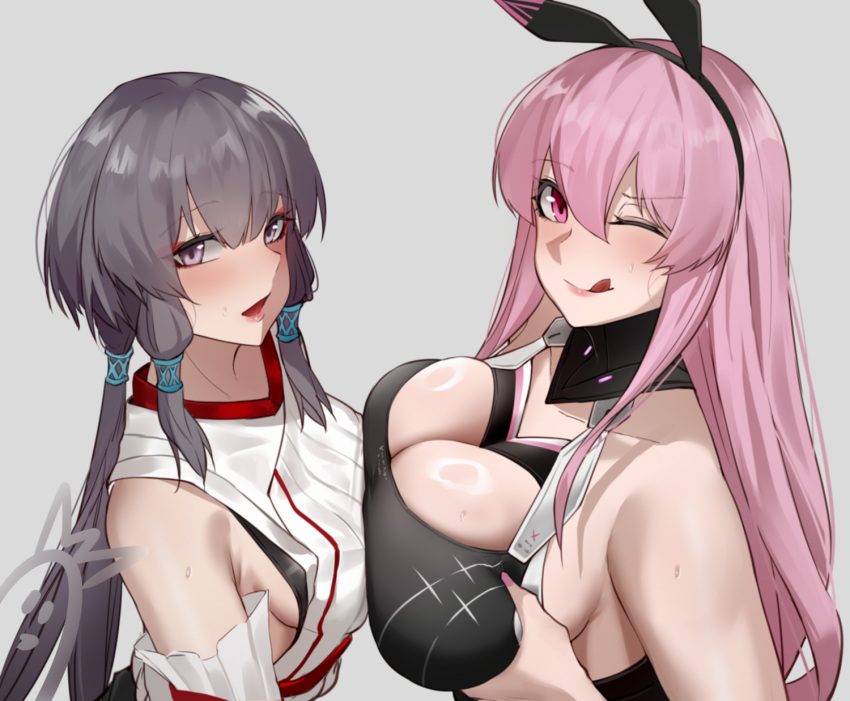 2girls animal_ears asymmetrical_docking ayla:_kaleido_(punishing:_gray_raven) ayla_(punishing:_gray_raven) bad_id bad_pixiv_id black_hairband black_sports_bra blush breast_press breasts chinese_commentary cleavage cleavage_cutout closed_mouth clothing_cutout commentary_request detached_sleeves eyeshadow fake_animal_ears from_side grabbing_own_breast grey_background grey_hair hair_between_eyes hair_tubes hairband highres large_breasts licking_lips lips long_hair looking_at_viewer makeup medium_breasts multiple_girls official_alternate_costume one_eye_closed open_mouth pink_eyes pink_hair punishing:_gray_raven purple_eyes rabbit_ears red_eyeshadow selena:_capriccio_(vox_solaris)_(punishing:_gray_raven) selena_(punishing:_gray_raven) sideboob sidelocks simple_background smile sports_bra straight_hair sweatdrop tiankong_pie_ai tongue tongue_out twintails underwear upper_body