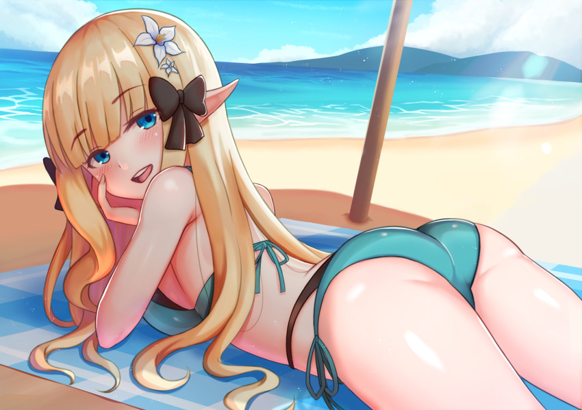 aqua_bikini ass beach bikini black_bow blonde_hair blue_eyes blunt_bangs blush bow breasts cowboy_shot day elf female flower hair_down hair_flower hair_ornament hairbow head_rest highres horizon large_breasts long_hair looking_at_viewer looking_back lunarscent lying multi-strapped_bikini_bottom navel on_stomach open_mouth outdoors plaid pointy_ears princess_connect! saren_(princess_connect!) saren_(summer)_(princess_connect!) smile solo swimsuit