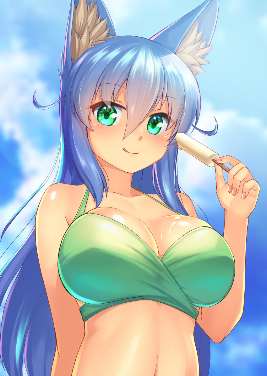 :q absurdres animal_ear_fluff animal_ears bikini blue_hair blush breasts cleavage commentary_request day dripping female food food_on_body food_on_breasts fox_ears fox_girl fox_tail fuyubare_kiyo green_bikini green_eyes hair_between_eyes highres holding kyu_(wein-seria) large_breasts long_hair looking_at_viewer navel original outdoors popsicle solo swimsuit tail tongue tongue_out upper_body very_long_hair