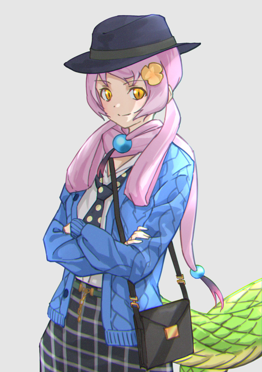 absurdres alternate_costume bag beads black_hat casual commentary crossed_arms emerald_tree_boa_(kemono_friends) female grey_background hair_beads hair_ornament hair_scarf hat highres jacket kemono_friends long_hair long_sleeves looking_at_viewer necktie open_clothes open_jacket orange_eyes pink_hair polka_dot_necktie shirt shoulder_bag simple_background skirt slit_pupils smile snake_girl snake_tail solo tail tanabe_(fueisei) twintails white_shirt