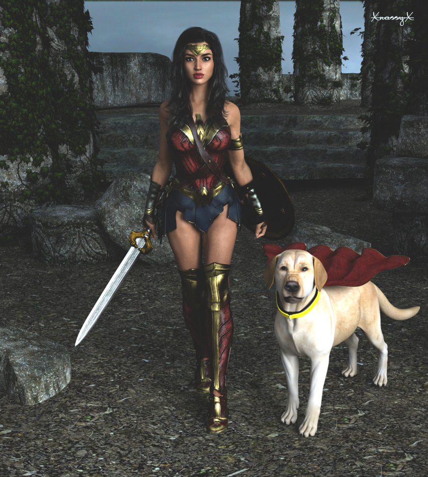 3d_(artwork) armor bird_dog breasts canid canine canis cape clothing dc_comics digital_media_(artwork) domestic_dog duo female feral golden_retriever hair hi_res holding_melee_weapon holding_object holding_sword holding_weapon human hunting_dog krypto krypto_the_superdog lips mammal melee_weapon outside retriever shield standing sword weapon wonder_woman xnassyx