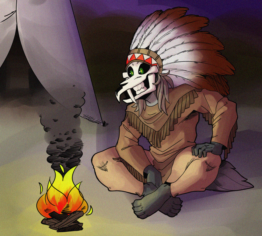 4_toes 5_fingers american_mythology anthro bone bottomwear brown_bottomwear brown_clothing brown_pants brown_shirt brown_topwear campfire clothed clothing cryptid crystals_draw fangs feathers feet fingers fur green_eyes grey_body grey_fur head_dress hi_res indigenous_north_american_mythology kelkuan male monster multicolored_body mythology native_american native_american_clothing north_american_mythology pants purple_sky shirt skull skull_head sky smoke solo teepee teeth teeth_showing toes topwear twilight two_tone_body wendigo wood