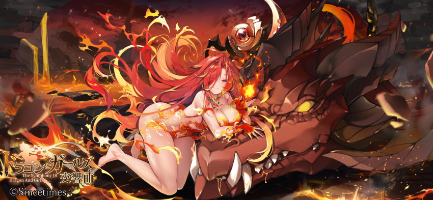 bare_shoulders blonde_hair breasts dragon eyes_visible_through_hair female fiery_hair fire hair_over_one_eye highres kanola_u large_breasts lava long_hair looking_at_viewer multicolored_hair original red_eyes red_hair smile solo the_symphony_of_dragon_and_girls very_long_hair western_dragon