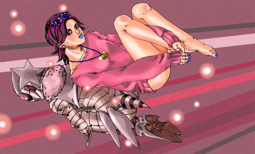 achtung_baby aged_up araki_hirohiko_(style) back-to-back bad_id bad_pixiv_id bare_legs barefoot blue_lips blue_nails bottomless breasts brown_eyes collarbone eyewear_on_head female full_body heart heart_pendant jewelry jojo_no_kimyou_na_bouken long_sleeves original pendant plantar_flexion saradaver shizuka_joestar sleeves_past_wrists small_breasts stand_(jojo) sweater