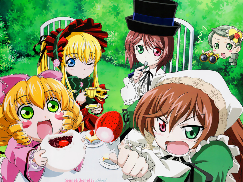 bicolored_eyes food hina_ichigo kanaria rozen_maiden shinku souseiseki strawberry suiseiseki