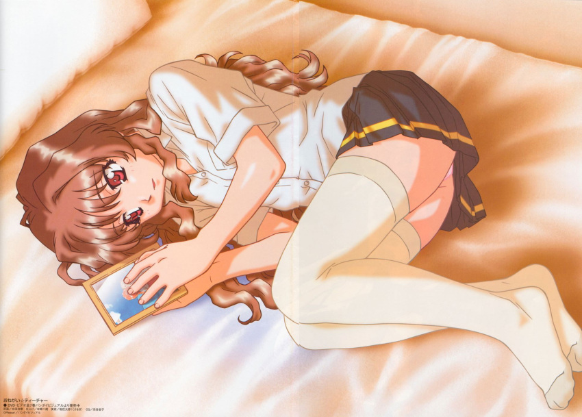 bed brown_hair duplicate feet female hands highres long_hair lying morino_ichigo no_shoes onegai_teacher red_eyes school_uniform solo thigh-highs thighhighs