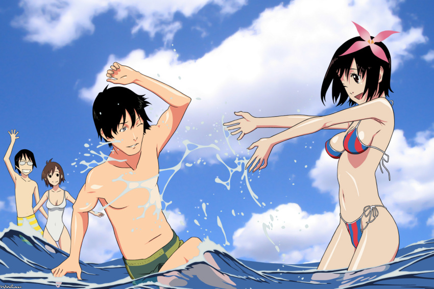 2boys 2girls ahoge arm_up bikini black_eyes black_hair bob_cut breasts brown_eyes brown_hair cleavage cloud clouds couple couples everyone flower foam glasses grey_eyes grin group hair_ornament highres knee_up midorikawa_nanako multiple_boys multiple_girls nakahara_misaki nhk_ni_youkoso nhk_ni_youkoso! ocean one-piece_swimsuit playing satou_tatsuhiro sea short_hair sky smile standing striped striped_swimsuit swimsuit trunks wave waving wink yamazaki_kaoru