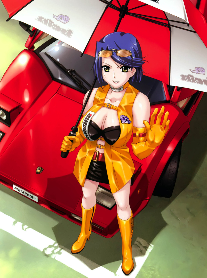 absurdres blue_hair boin boots breasts car cleavage elbow_gloves female gloves happoubi_jin high_heel_boots high_heels highres koromogae_touko lamborghini lamborghini_countach large_breasts miniskirt motor_vehicle pencil_skirt photoshop_(medium) race_queen skirt solo sports_car umbrella