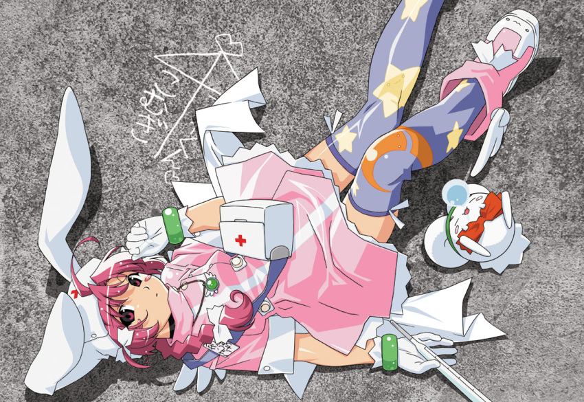 ahoge animal_ears animal_hat ankle_boots artist_request blush_stickers boots bow bracelet braid female gloves hairbow hat jewelry looking_up lying mugimaru nakahara_komugi necklace nose_bubble nurse_witch_komugi-chan photoshop_(medium) pink_eyes pink_hair pouch print_thighhighs purple_thighhighs rabbit_ears shoes sleeping solo thighhighs white_gloves winged_footwear wings