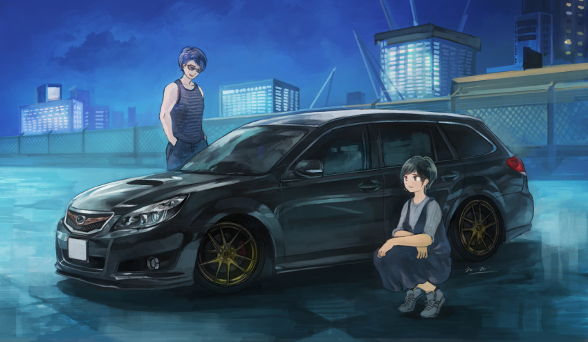 1boy black_dress black_hair blue_hair brown_eyes car dress female highres looking_down momo_hiki motor_vehicle original personification short_hair squatting subaru_(brand) subaru_legacy sunglasses vehicle_and_personification vehicle_focus