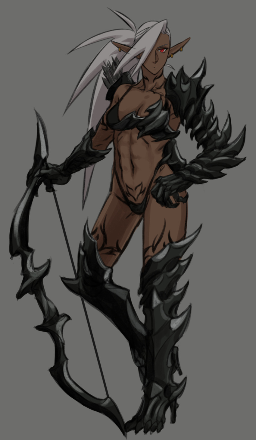 abs armor bikini bikini_armor bow_(weapon) breasts cleavage collarbone commentary_request dark-skinned_female dark_elf dark_skin drill_(emilio) ear_piercing elf female full_body gauntlets grey_background hair_over_one_eye high_heels highres holding holding_bow_(weapon) holding_weapon leg_armor leg_tattoo long_hair looking_at_viewer medium_breasts midriff navel neck_tattoo neytharone_(drill_(emilio)) original piercing pointy_ears ponytail pubic_tattoo red_eyes simple_background solo standing swimsuit tattoo weapon white_hair