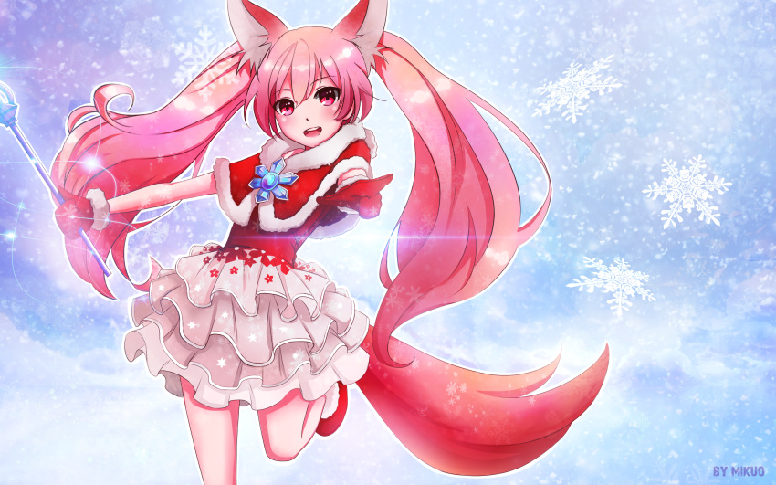 :d animal_ear_fluff animal_ears artist_name blue_sky blush boots capelet day elin eyes_visible_through_hair feet_out_of_frame female flat_chest frilled_skirt frills fur-trimmed_boots fur-trimmed_capelet fur_trim highres holding holding_staff layered_skirt leg_up leotard long_hair looking_at_viewer magic mikuo mittens mystic_(tera_online) open_mouth outdoors outline outstretched_arms pink_hair pink_skirt pointing pointing_at_viewer red_capelet red_leotard red_mittens santa_costume sidelocks skinny skirt sky smile snowflake_print snowflakes solo split_mouth staff standing standing_on_one_leg tail teeth tera_online tutu twintails upper_teeth_only very_long_hair