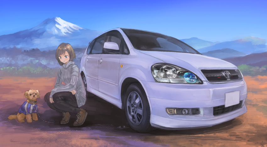 blue_eyes brown_hair canine car female highres leash looking_down momo_hiki motor_vehicle original outdoors personification short_hair toyota toyota_ipsum vehicle_and_personification vehicle_focus