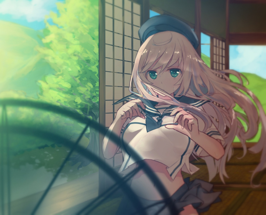 aqua_eyes blonde_hair blurry commentary_request comrade_stalin depth_of_field electric_fan female hat highres kriegsmarine long_hair original revision school_uniform serafuku solo