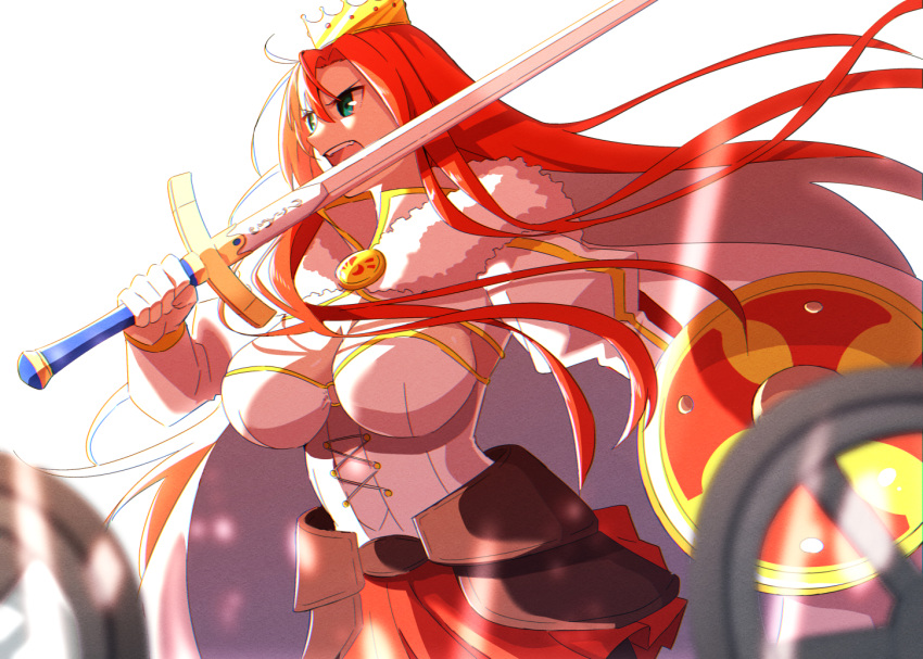 boudica_(fate) boudica_(third_ascension)_(fate) breasts cloak crown fate/grand_order fate_(series) female green_eyes holding holding_sword holding_weapon large_breasts long_hair red_hair shiime solo sword weapon