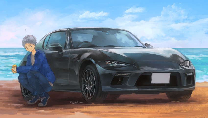 1boy blue_jacket car denim grey_eyes grey_hair highres jacket jeans looking_to_the_side mazda_mx-5 mazda_mx-5_nd momo_hiki motor_vehicle ocean original outdoors pants personification shoes sneakers sports_car squatting vehicle_and_personification vehicle_focus