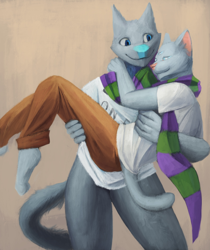 2020 3_eyes ambiguous_gender anthro aurutejmo barefoot blue_body blue_eyes carrying_another carrying_partner carrying_person clothed clothing dar-kuu duo feet grey_body hi_res hug hybrid multi_eye other_hethermocking partially_clothed scarf sergal shaded shine_hethermocking simple_background tail