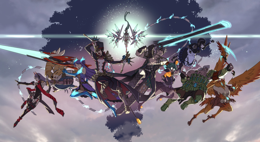 battle brighid_(xenoblade) decoponmagi eyepatch feathered_wings glasses highres lance lila_(xenoblade) military military_uniform morag_ladair_(xenoblade) pandoria_(xenoblade) pneuma_(xenoblade) polearm pompadour poppi_(xenoblade) poppi_qtpi_(xenoblade) roc_(xenoblade) sickle sword tora_(xenoblade_2) uniform vandham_(xenoblade_2) weapon whip_sword wings xenoblade_chronicles_(series) xenoblade_chronicles_2 zeke_von_genbu_(xenoblade)