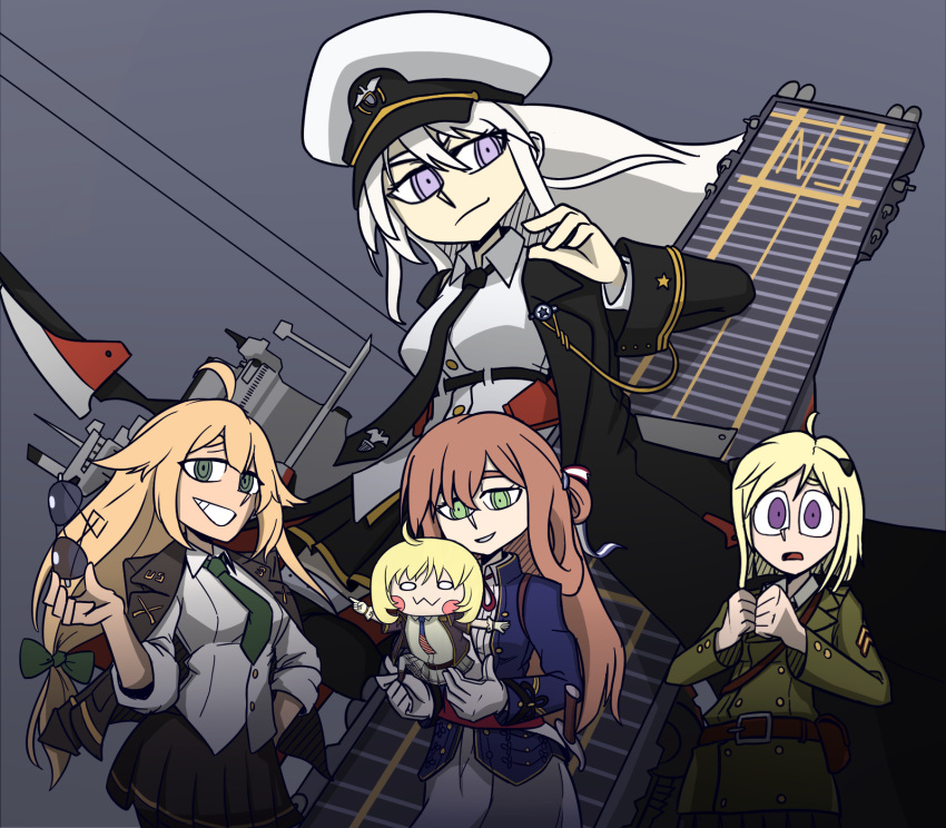 0w0 5girls ahoge american_flag american_flag_print aviator_sunglasses azur_lane black_coat black_necktie blonde_hair blush_stickers bow_(weapon) breasts brown_hair coat commentary country_connection cowboy_shot crossover english_commentary enterprise_(azur_lane) flag_print flight_deck girls'_frontline gloves green_eyes green_necktie grey_hair hair_between_eyes haonfest hat helltaker highres holding holding_bow_(weapon) holding_removed_eyewear holding_weapon jacket korean_commentary large_breasts long_hair looking_at_viewer m1911_(girls'_frontline) m1918_(girls'_frontline) m3_(girls'_frontline) m4_sopmod_ii_jr military military_uniform miniskirt multiple_girls necktie open_clothes open_jacket parody peaked_cap pleated_skirt print_necktie purple_eyes shirt sidelocks skirt smile springfield_(girls'_frontline) style_parody sunglasses thighhighs uniform unworn_eyewear vanripper_(style) very_long_hair weapon white_shirt