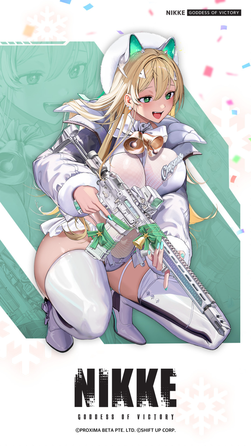 ar-15 assault_rifle bell blonde_hair boots breasts commentary_request copyright_name dore_(gilles_dore) earrings female fingernails full_body fur_trim goddess_of_victory:_nikke green_eyes gun hair_ornament high_heel_boots high_heels highres holding holding_weapon jacket jewelry large_breasts leotard logo long_hair long_sleeves nail_polish neck_bell official_alternate_costume official_art open_clothes open_jacket open_mouth ribbon rifle rupee_(nikke) rupee_(winter_shopper)_(nikke) second-party_source shiny_clothes shiny_skin smile solo squatting teeth thigh_boots trigger_discipline upper_teeth_only weapon zoom_layer