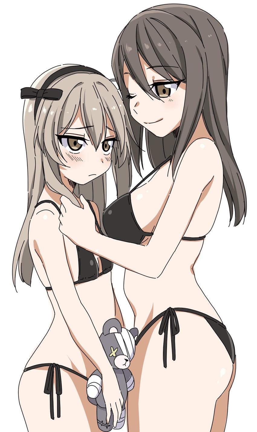 2girls ;) bikini black_bikini black_ribbon blush boko_(girls_und_panzer) brown_eyes brown_hair closed_mouth commentary flat_chest frown girls_und_panzer hair_ribbon hand_in_another's_hair highres holding holding_stuffed_toy light_brown_hair long_hair looking_at_another medium_hair mika_(girls_und_panzer) multiple_girls no_headwear one_eye_closed one_side_up ribbon ruruepa shimada_arisu side-tie_bikini_bottom smile standing string_bikini stuffed_animal stuffed_toy swimsuit teddy_bear