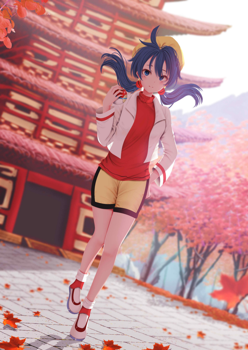 absurdres autumn_leaves bike_shorts blue_eyes blue_hair blurry blurry_background blush breasts cherry_blossoms closed_mouth commentary commission cropped_jacket crystal_(pokemon) day dutch_angle earrings ecruteak_city english_commentary female floating_hair full_body hair_between_eyes hand_on_hip hat highres holding holding_poke_ball jacket jewelry kirimatsu leaf light_smile looking_at_viewer outdoors pagoda poke_ball poke_ball_(basic) pokemon pokemon_special red_sweater shadow shoes shorts solo standing standing_on_one_leg star_(symbol) star_earrings sweater tree turtleneck turtleneck_sweater twintails white_footwear white_jacket yellow_headwear yellow_shorts