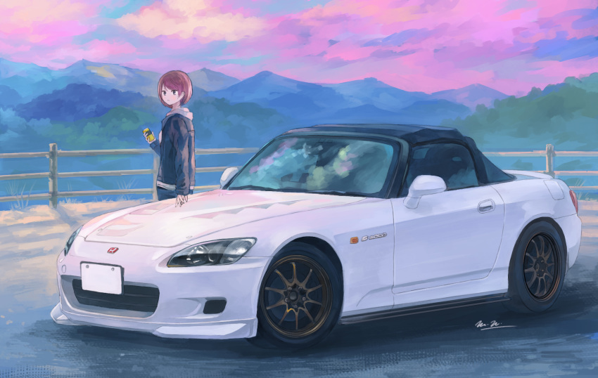 brown_eyes car denim denim_jacket drink female highres holding holding_drink honda honda_s2000 jacket looking_to_the_side momo_hiki motor_vehicle mountain original outdoors personification red_hair short_hair sports_car vehicle_and_personification vehicle_focus