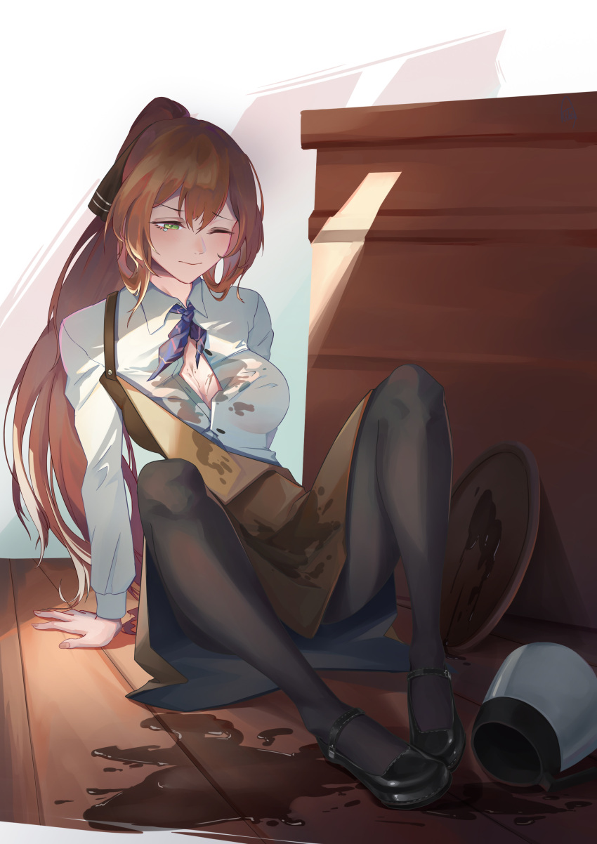 absurdres accident arm_support breasts brown_hair cleavage coffee coffee_pot collared_shirt commentary_request cy9 fallen_down female full_body girls'_frontline green_eyes highres large_breasts long_hair long_sleeves mary_janes on_floor one_eye_closed open_clothes open_shirt pantyhose ponytail shirt shoes sitting solo spill springfield_(girls'_frontline) tearing_up tray wet wet_clothes wet_shirt white_shirt wooden_floor