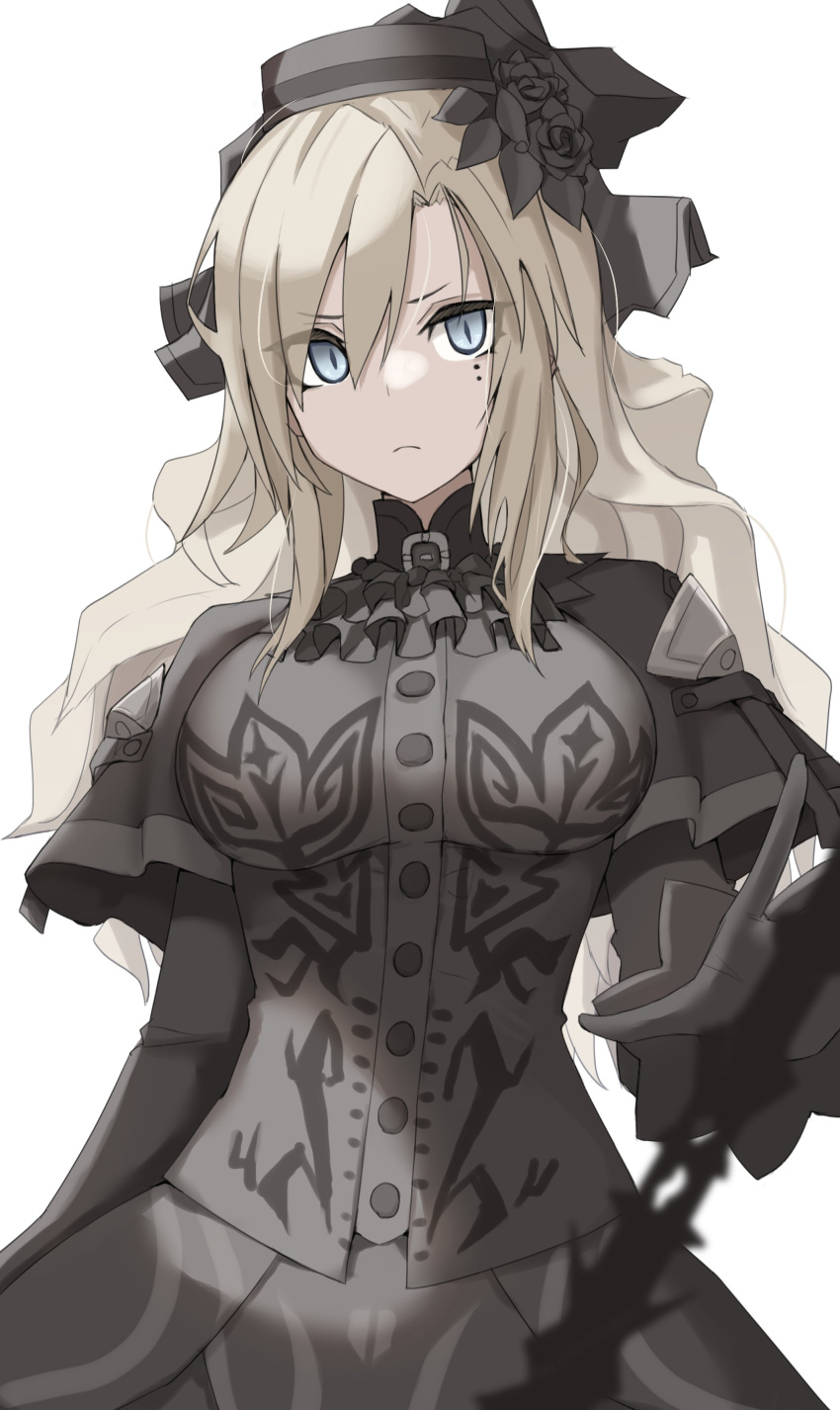 absurdres ascot black_capelet black_dress black_flower black_gloves black_hat black_rose breasts capelet dress fate/grand_order fate_(series) female flower gloves grey_eyes hat highres kopaka_(karda_nui) kriemhild_(fate) kriemhild_(first_ascension)_(fate) large_breasts long_hair long_sleeves looking_at_viewer mole mole_under_eye rose solo sword veil weapon white_hair