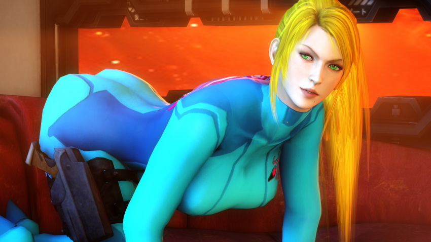 1girls 3d blonde_hair bodysuit looking_at_viewer metroid nintendo samus_aran sarah_bryant_(model) zero_suit_samus