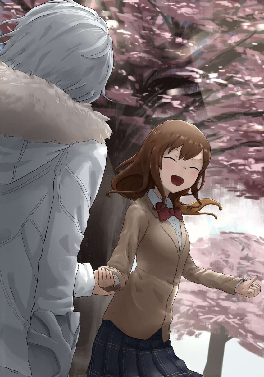 1boy :d absurdres accelerator_(toaru_majutsu_no_index) aged_up alternate_hairstyle alternate_uniform blazer bow bowtie brown_hair brown_jacket cherry_blossoms closed_eyes coat commission cowboy_shot crutch dress_shirt english_commentary female from_behind fur_trim furrowed_brow grey_skirt highres holding_hands hood hood_down jacket last_order_(toaru_majutsu_no_index) long_hair open_mouth plaid plaid_skirt pleated_skirt red_bow red_bowtie school_uniform shirt skirt smile tatararashi toaru_kagaku_no_railgun toaru_majutsu_no_index tokiwadai_school_uniform tree white_background white_coat white_hair winter_uniform