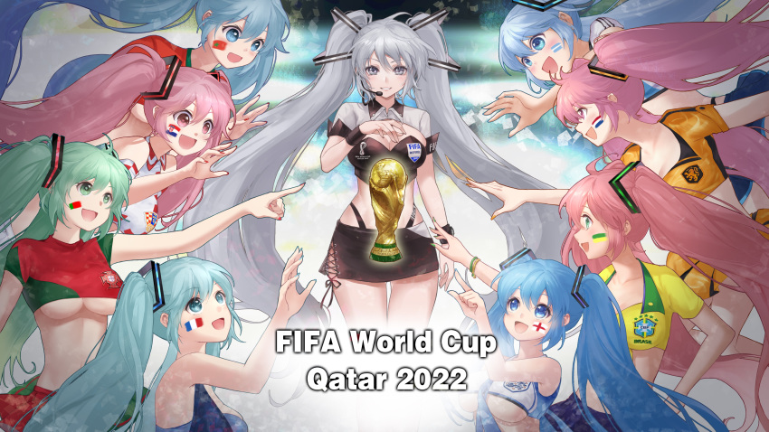 2022_fifa_world_cup 6+girls absurdres alternate_color alternate_costume alternate_hair_color aqua_eyes aqua_hair argentina argentinian_flag blue_eyes blue_hair brazil croatia croatian_flag dutch_flag england english_flag fifa_world_cup_trophy france french_flag hatsune_miku headset highres jokanhiyou moroccan_flag morocco multiple_girls multiple_persona netherlands pink_eyes pink_hair portugal portuguese_flag referee trophy twintails vocaloid world_cup