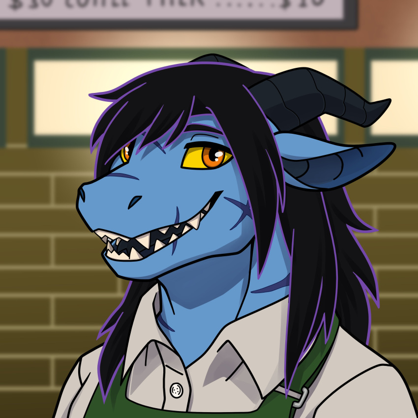 1:1 absurd_res anthro black_hair blue_body bust_portrait clothing dragon hair hi_res horn kobold long_hair looking_at_viewer male malk mythological_creature mythological_scalie mythology orange_eyes portrait scalie sharkiedude solo teeth