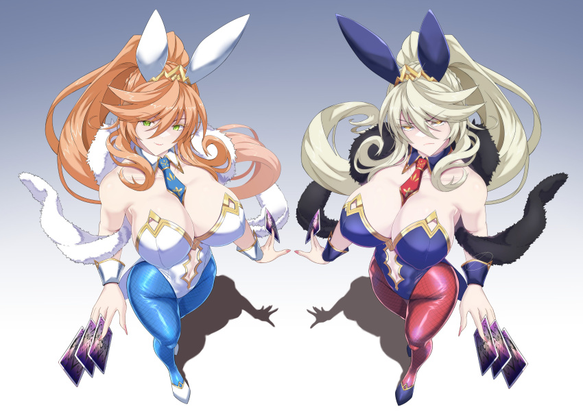 2girls absurdres ahoge animal_ears artoria_pendragon_(fate) artoria_pendragon_(lancer_alter)_(fate) artoria_pendragon_(swimsuit_ruler)_(fate) artoria_pendragon_(swimsuit_ruler)_(fate)_(cosplay) bare_shoulders blonde_hair blue_pantyhose braid breasts card cleavage clothing_cutout collarbone cosplay detached_collar fate/grand_order fate_(series) feather_boa fishnet_pantyhose fishnets french_braid full_body green_eyes hair_between_eyes high_heels highleg highleg_leotard highres large_breasts leotard long_hair looking_at_viewer multiple_girls navel navel_cutout necktie orange_hair pantyhose playboy_bunny playing_card ponytail purple_leotard rabbit_ears red_pantyhose sidelocks tiara torahime_(roland00) white_footwear white_leotard wrist_cuffs yellow_eyes