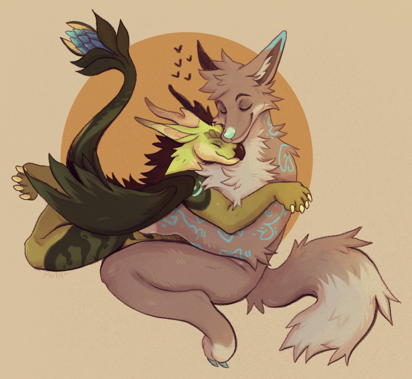 canid canine dragon duo fennec_fox fox fur green_body green_scales grey_body grey_fur hi_res horn hug love male male/male mammal moth_sprout mythological_creature mythological_scalie mythology paiku radruler reptile scales scalie sitting tail true_fox wings