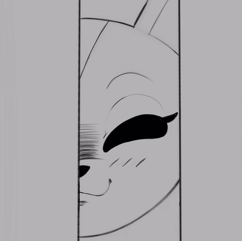 aggretsuko anthro blush canid canine female fennec_fox fenneko fox hi_res looking_at_viewer mammal mehdrawings monochrome one_eye_obstructed sanrio smile solo true_fox