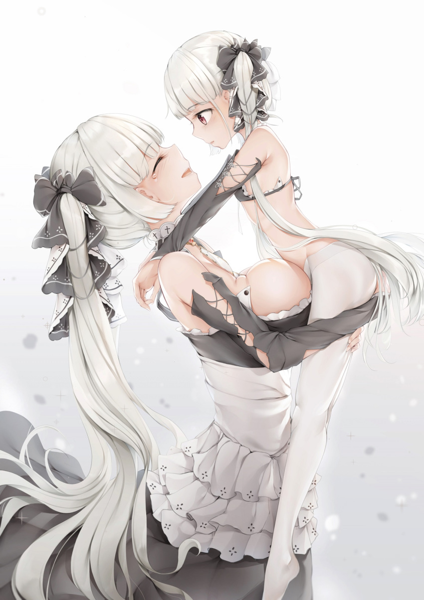 2girls age_difference aged_down an-telin azur_lane bare_shoulders black_bra black_ribbon blunt_bangs bra breast_press breasts cleavage closed_eyes commentary dress dual_persona formidable_(azur_lane) frilled_dress frills from_side gothic_lolita hair_ribbon height_difference highres holding_person huge_breasts lace lace_bra legs lolita_fashion long_hair long_sleeves looking_at_another multiple_girls open_mouth pantyhose photoshop_(medium) red_eyes ribbon sidelocks smile standing tearing_up time_paradox twintails underwear very_long_hair white_hair white_pantyhose