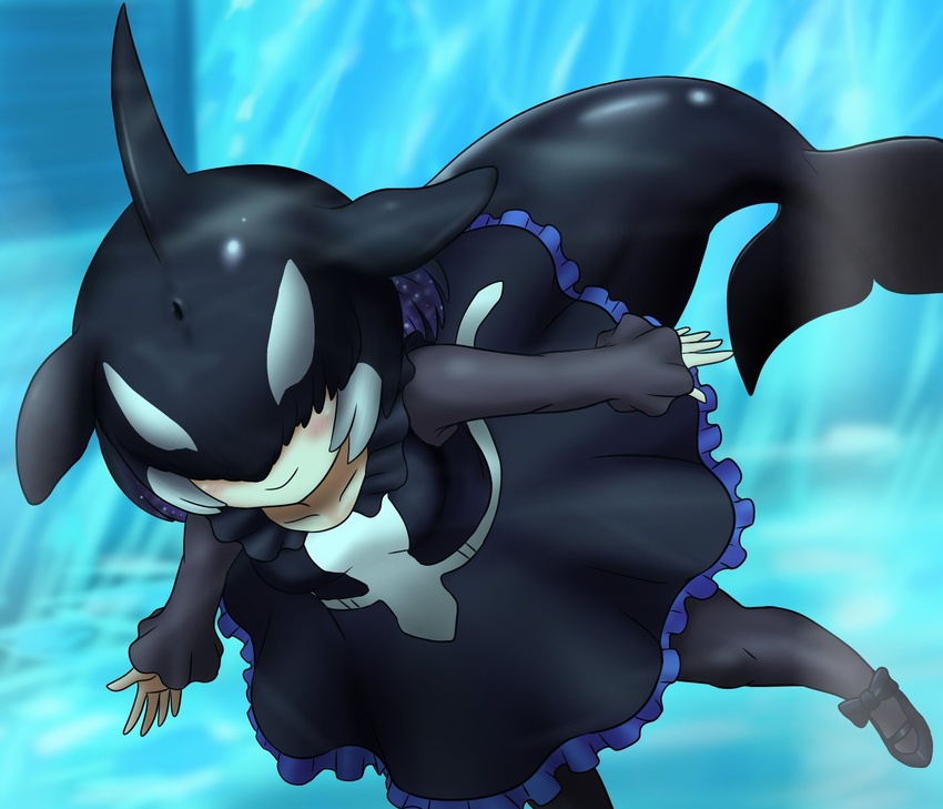 adansosutega black_hair blowhole blush cetacean_tail closed_mouth commentary covered_eyes dorsal_fin dress female fins fish_tail freediving frilled_dress frills hair_over_eyes head_fins highres kemono_friends long_sleeves medium_dress medium_hair multicolored_hair orca_(kemono_friends) outstretched_arms outstretched_hand pantyhose purple_hair shoes smile solo submerged tail underwater water white_hair