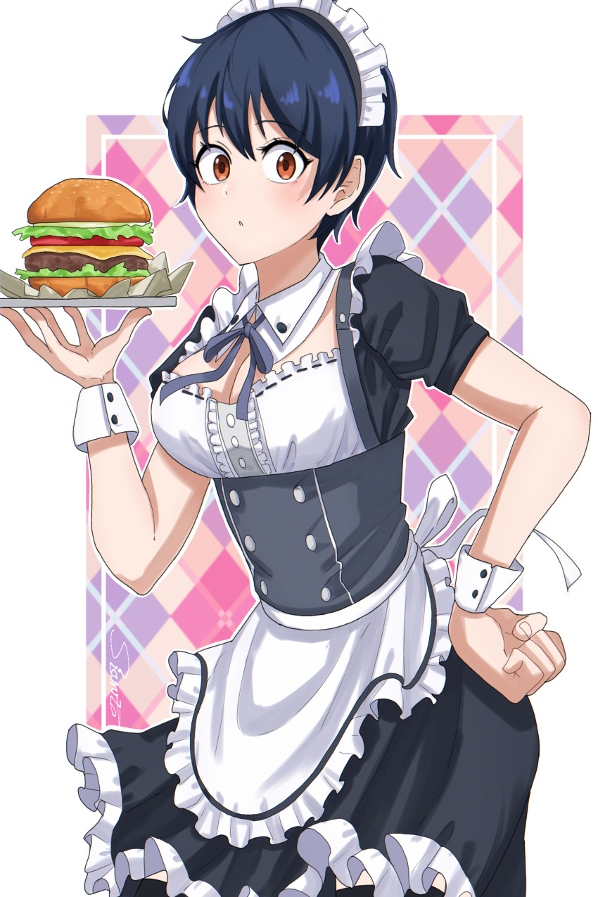 absurdres alternate_costume apron argyle_background artist_name black_dress black_hair breasts brown_eyes burger cleavage dress enmaided female food frilled_dress frills hand_on_own_hip highres holding holding_tray izumo_fuuko large_breasts maid maid_apron maid_headdress medium_breasts shishiruto short_hair short_sleeves solo standing tray undead_unluck waitress wrist_cuffs