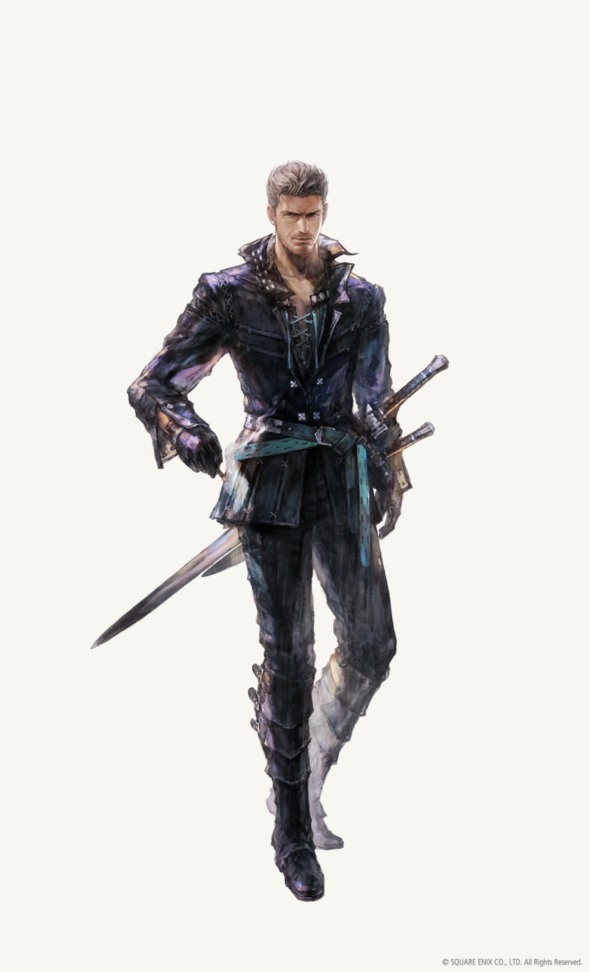 1boy beard cidolfus_telamon copyright_notice cross-laced_clothes cross-laced_top facial_hair final_fantasy final_fantasy_xvi full_body highres looking_at_viewer male_focus mature_male official_art open_collar simple_background solo square_enix standing stubble takahashi_kazuya