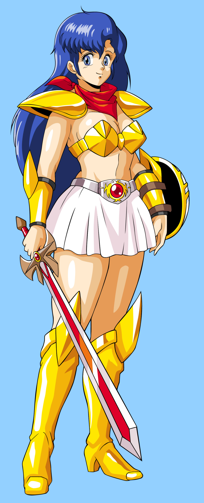 675_(image_675) absurdres armor asou_yuuko bikini bikini_armor blue_background blue_eyes blue_hair boots breasts cleavage female full_body highres long_hair medium_breasts miniskirt mugen_senshi_valis navel neckerchief pauldrons shield shoulder_armor simple_background skirt smile solo swimsuit sword thigh_boots thighhighs thighs valis vambraces weapon white_skirt yellow_bikini yellow_footwear