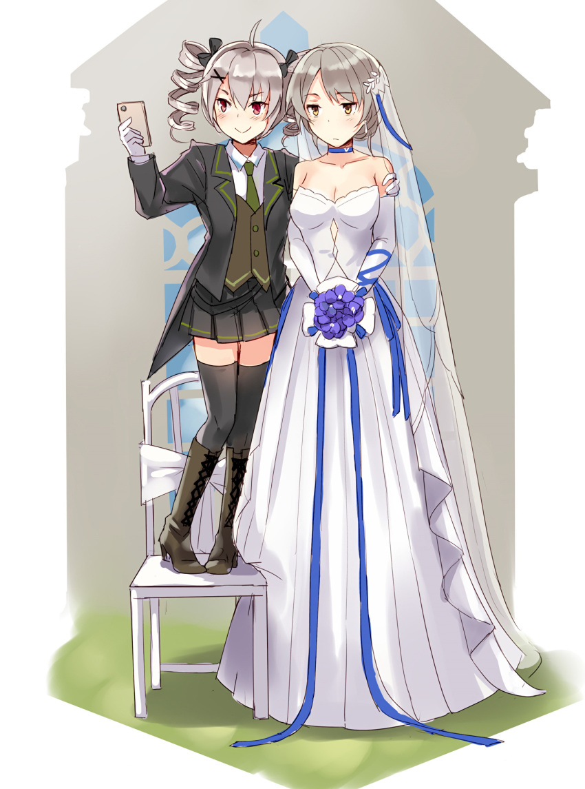 2girls boots bouquet breasts cellphone chair chinese_commentary cleavage commentary_request dress flower formal girls'_frontline grey_hair height_difference high_heel_boots high_heels highres md5_mismatch multiple_girls necktie phone pp-90_(girls'_frontline) red_eyes resolution_mismatch selfie short_hair skirt smartphone smile source_smaller suit taking_picture vector_(ardent_devotion)_(girls'_frontline) vector_(girls'_frontline) wedding_dress yellow_eyes yuemanhuaikong